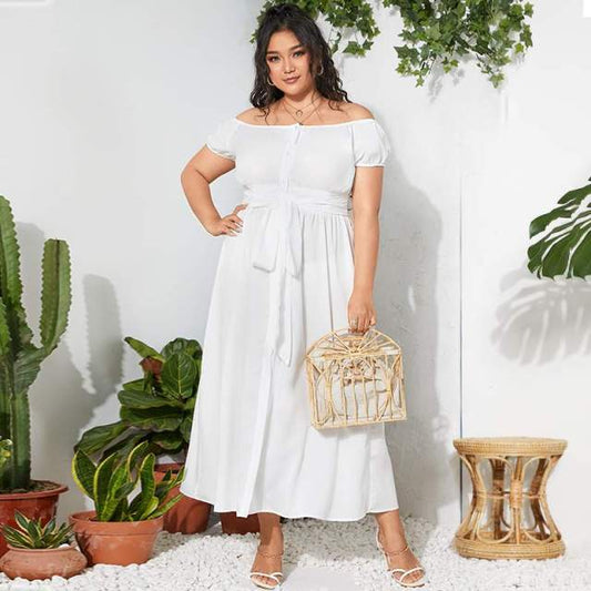 Off Shoulder Bohemian Casual Belted Dress