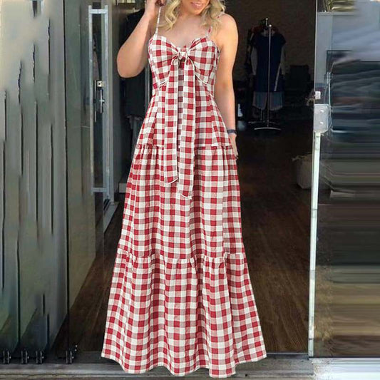 Bohemian Plaid Spaghetti Strap Maxi Dress