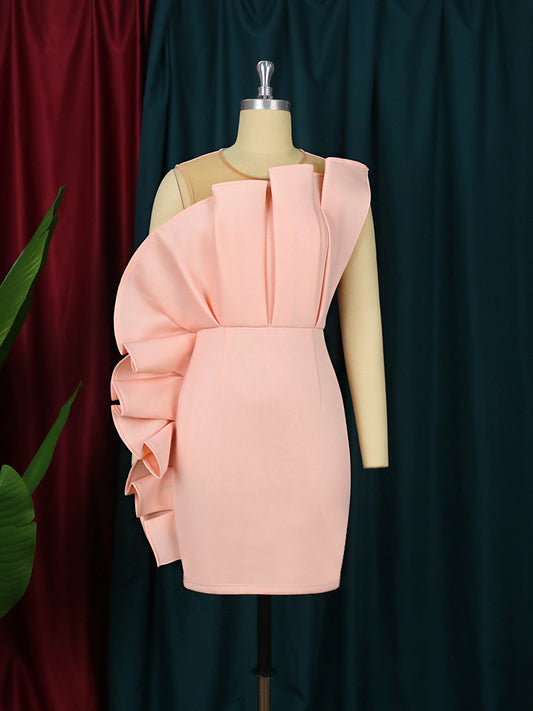 Pink Ruffle Sleeveless Mesh Mini Dress