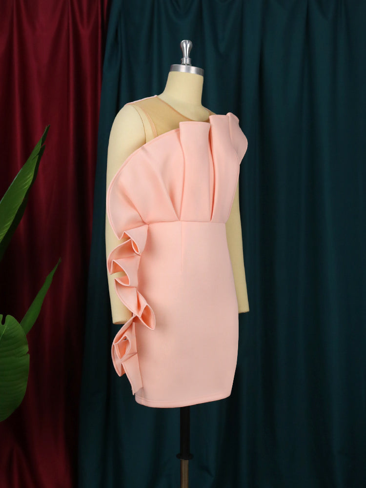 Pink Ruffle Sleeveless Mesh Mini Dress