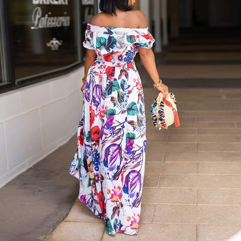 Bohemian Printed Off Shoulder Casual Pleated Dress