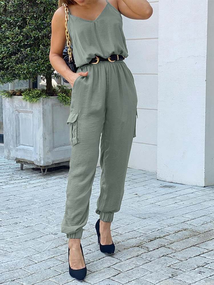 V Neck Cargo Jumpsuits