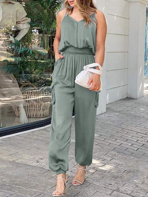 V Neck Cargo Jumpsuits