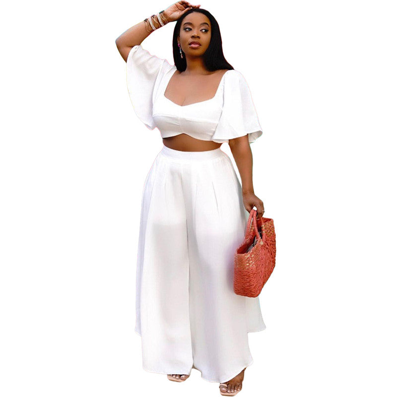 Two Piece Bandage Backless Crop Top Pleated Long Wide Leg Pant Sets ...
