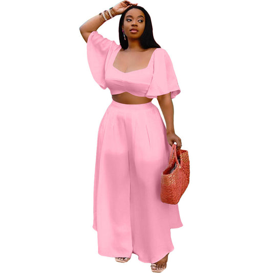 Two Piece Bandage Backless Crop Top Pleated Long Wide Leg Pant Sets