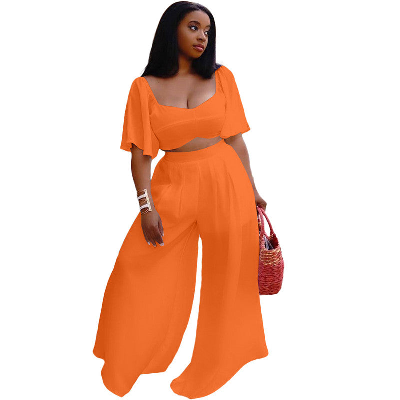 Two Piece Bandage Backless Crop Top Pleated Long Wide Leg Pant Sets ...