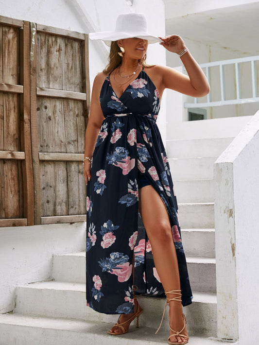 Floral Lace Up Backless High Split Sundress