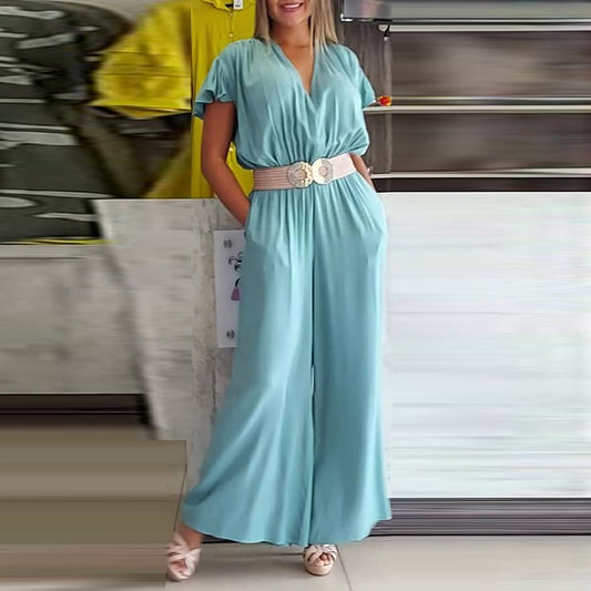 Short Sleeve Wide Leg V Neck Pleated Jumpsuit