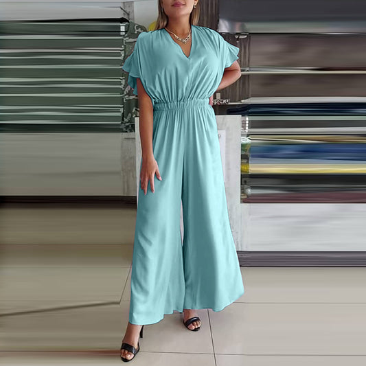 Short Sleeve Wide Leg V Neck Pleated Jumpsuit