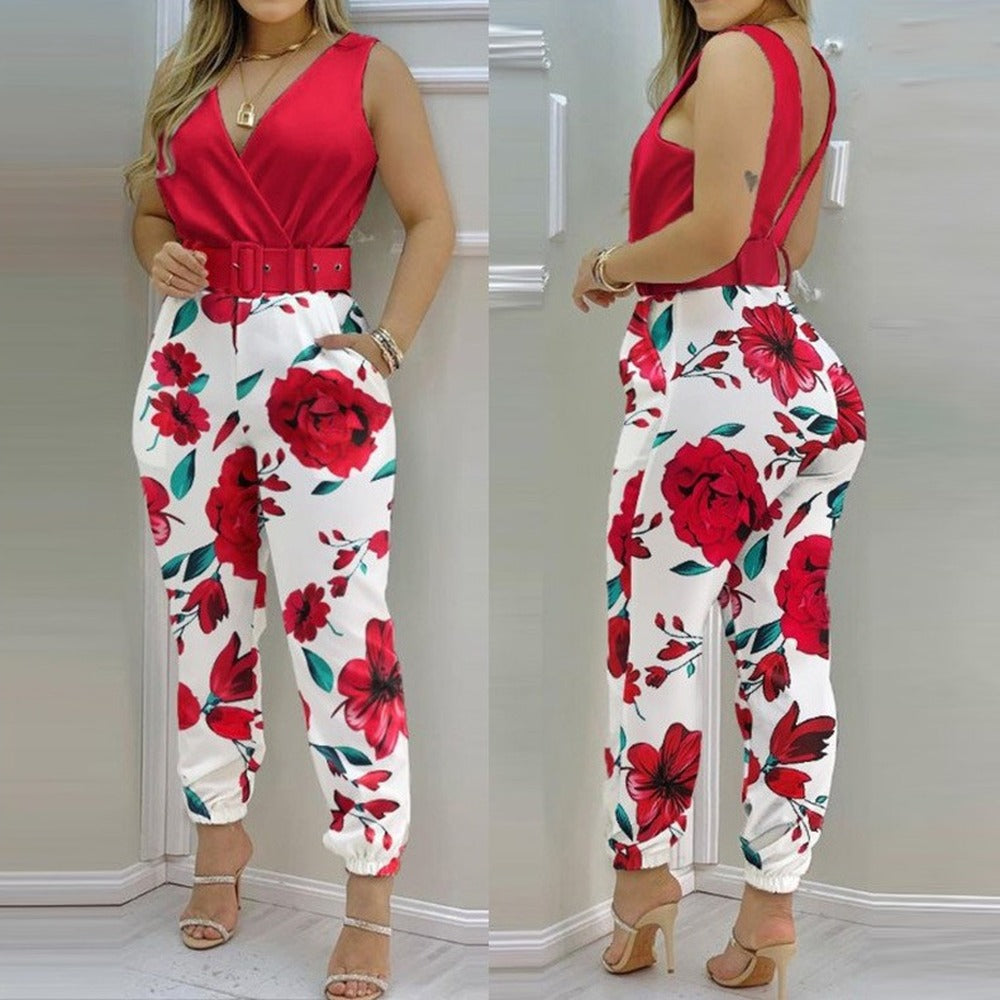 High Waist V-neck Sleeveless Jumpsuit With Belt