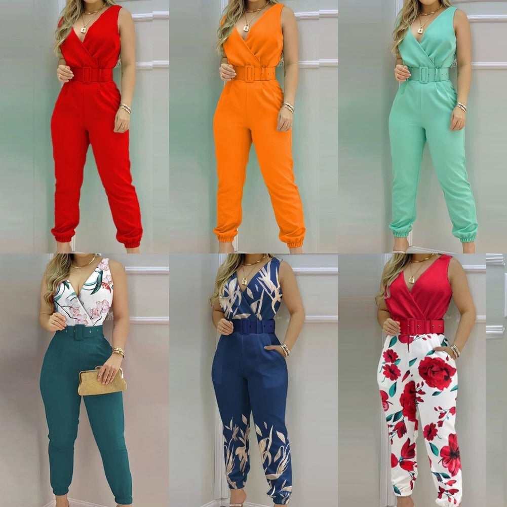 High Waist V-neck Sleeveless Jumpsuit With Belt