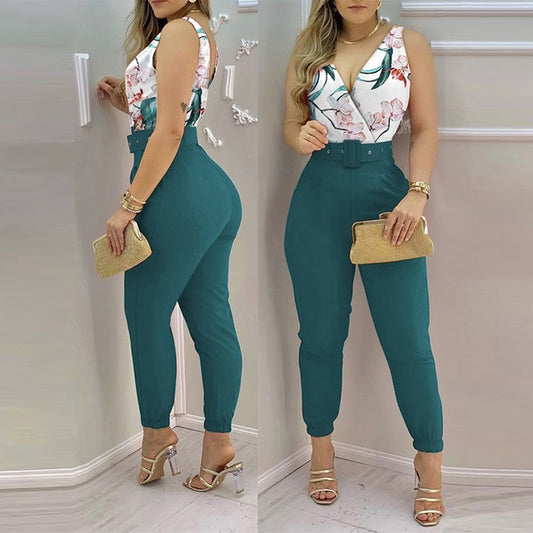 High Waist V-neck Sleeveless Jumpsuit With Belt