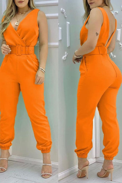 High Waist V-neck Sleeveless Jumpsuit With Belt