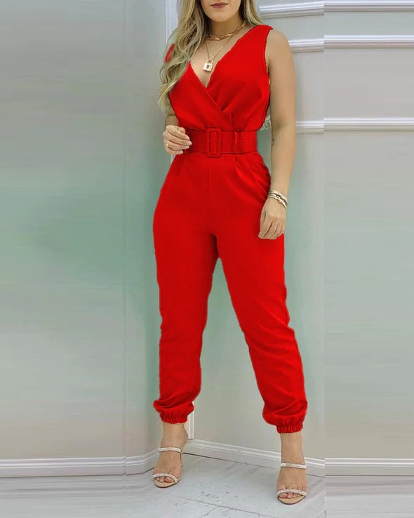 High Waist V-neck Sleeveless Jumpsuit With Belt