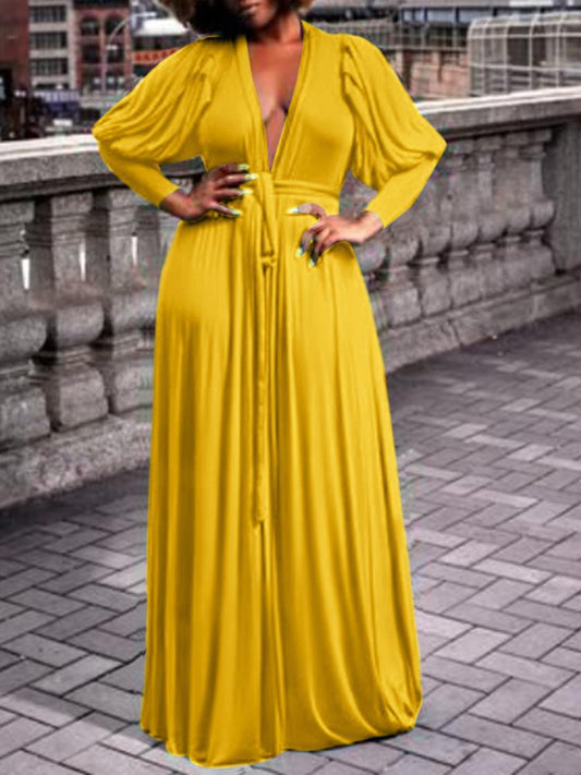 V Neck Lantern Sleeve Maxi Pleated Sundress