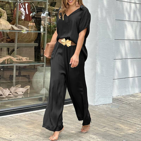 Casual Lapel Top And Elastic Waist Wide Leg Pant Sets