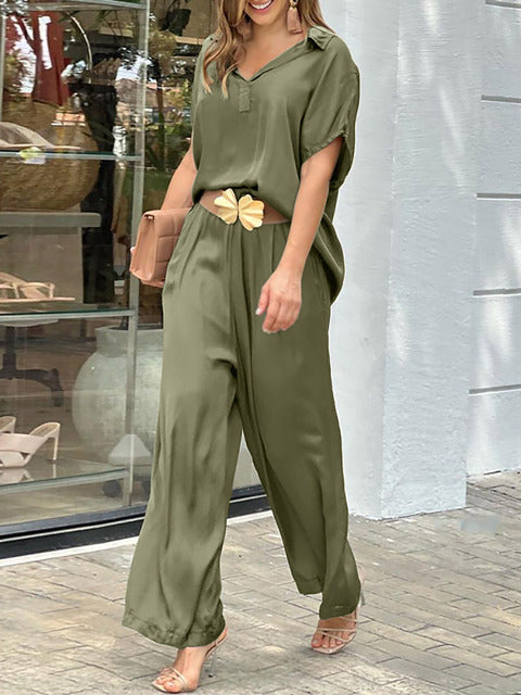 Casual Lapel Top And Elastic Waist Wide Leg Pant Sets