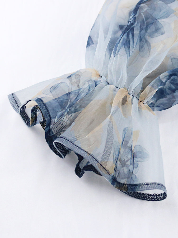Floral Print Mesh Sleeve V Neck Full Length Jumpsuit