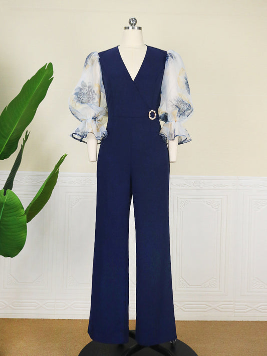 Floral Print Mesh Sleeve V Neck Full Length Jumpsuit