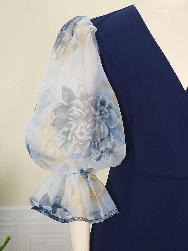 Floral Print Mesh Sleeve V Neck Full Length Jumpsuit