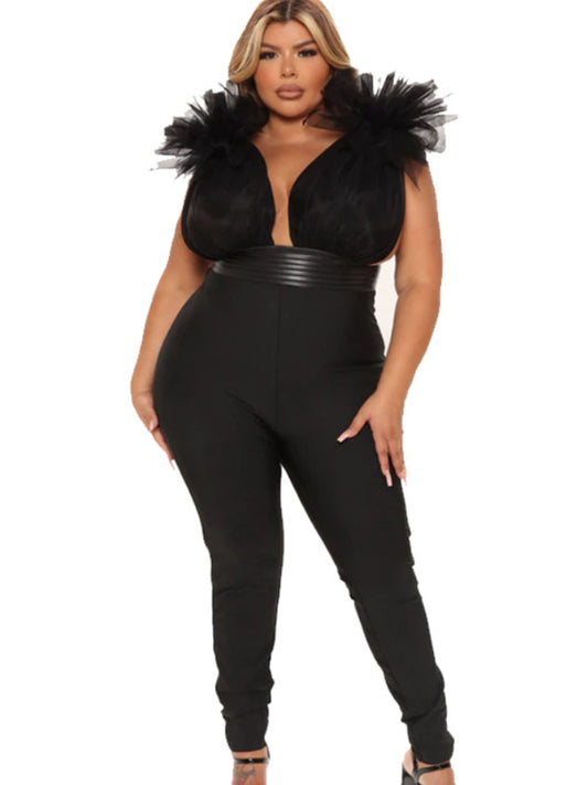 High Waist Deep V Neck Mesh Ruffles Jumpsuit