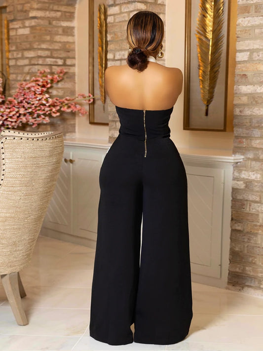 Halter Deep V Neck Hollow Out One Piece Jumpsuit