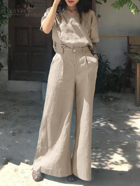 Half Sleeved V-Neck Blouse And Wide Leg Pants Set