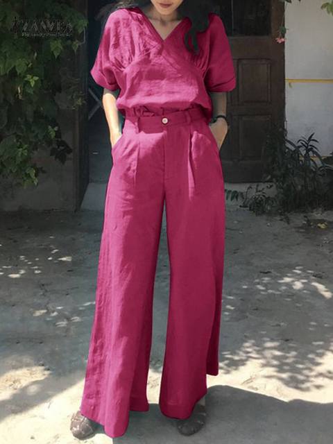 Half Sleeved V-Neck Blouse And Wide Leg Pants Set