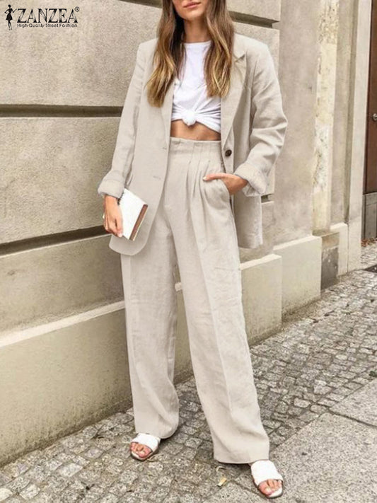 Lapel Cotton Stylish Blazer & Wide Leg Pant Set