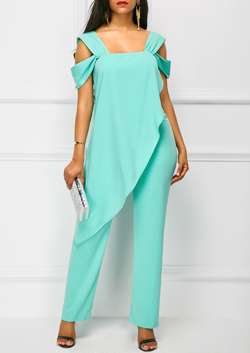 Casual Strap Overlay Cold Shoulder Straight Leg Jumpsuit