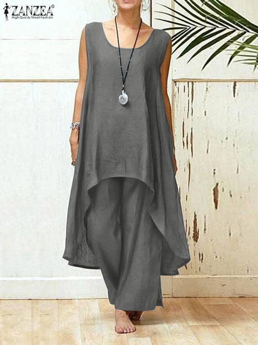 Sleeveless Asymmetrical Blouse & Two Piece Loose Pant Sets