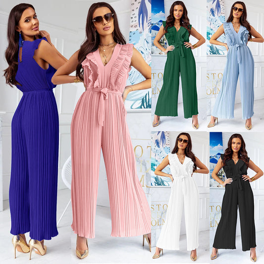 V-Neck Pleated Jumpsuit