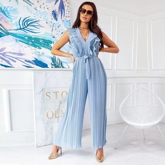 V-Neck Pleated Jumpsuit