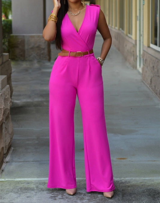 Sleeveless High-waist V-neck Wide-leg Pants Jumpsuit With Belt