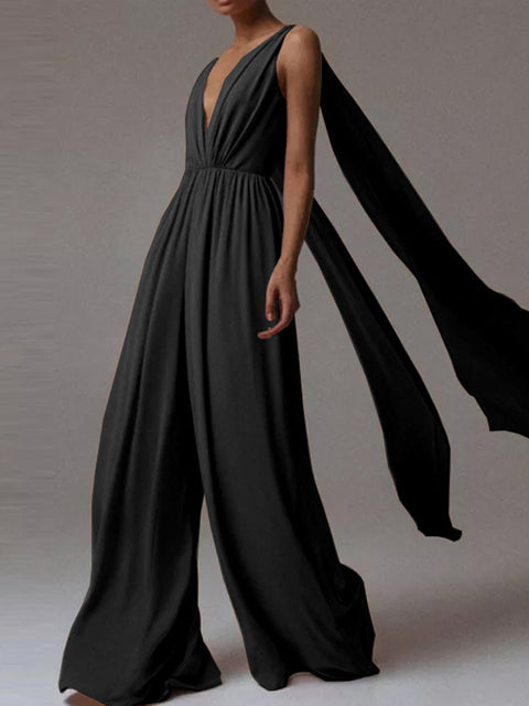 Sleeveless Deep V Neck Wide Leg Jumpsuit