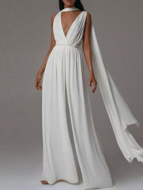 Sleeveless Deep V Neck Wide Leg Jumpsuit