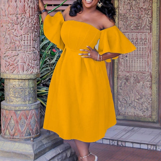 Off the Shoulder Flare Sleeve High Waisted Mid Calf Dress