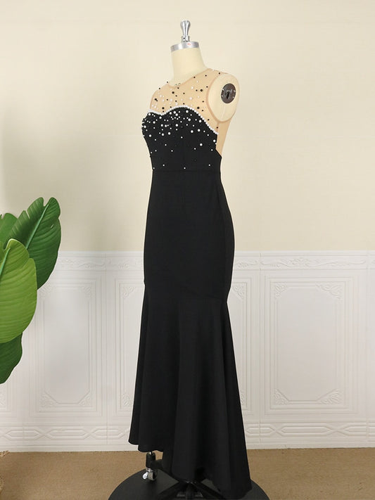 Mesh Beaded Sleeveless Long Mermaid Evening Gown