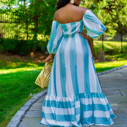 Striped Lantern Sleeve Strapless Floor Length Maxi Dress