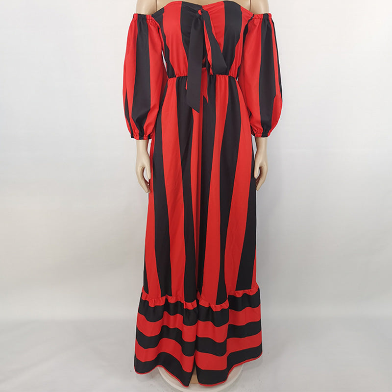 Striped Lantern Sleeve Strapless Floor Length Maxi Dress