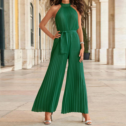 Halter Sleeve Pleated Wide Leg With Belt Romper