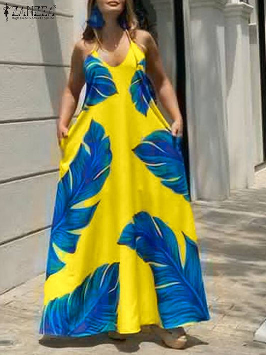 Printed Strapless V Neck Halter Dress