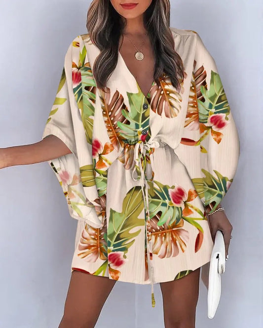 Boho Print Lace Up Batwing Sleeve V Neck Mini Dress