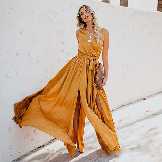 V Neck Sleeveless Lace Up Maxi Dress