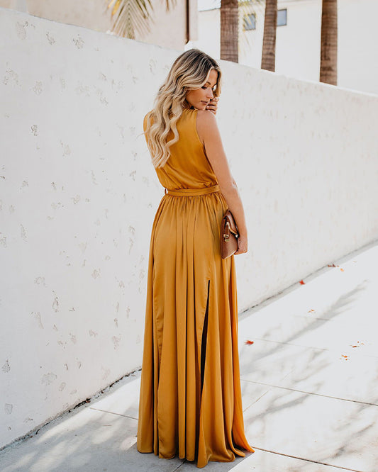 V Neck Sleeveless Lace Up Maxi Dress