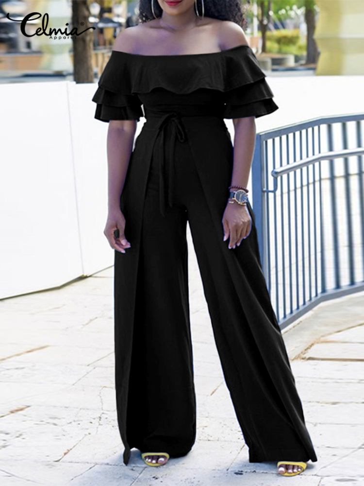 Off Shoulder Wide Leg Layered Ruffle Flare Sleeve Jumpsuit