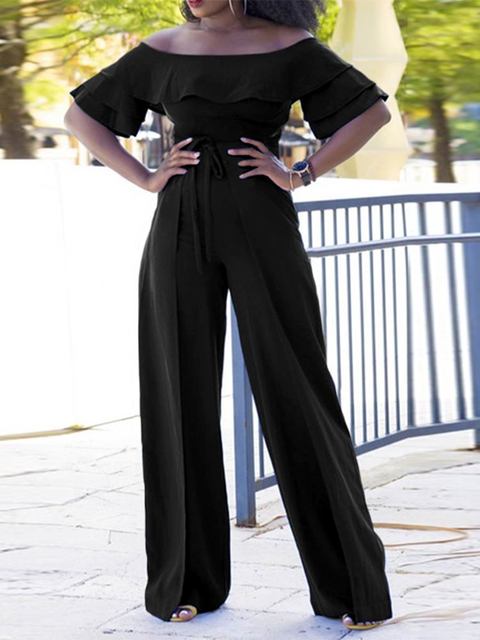 Off Shoulder Wide Leg Layered Ruffle Flare Sleeve Jumpsuit