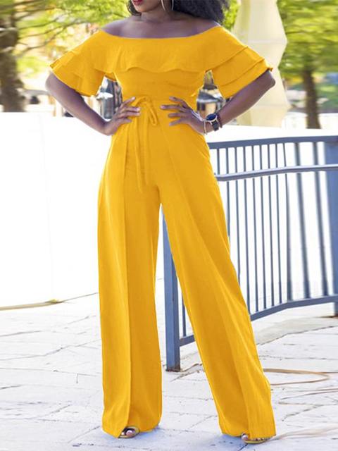 Off Shoulder Wide Leg Layered Ruffle Flare Sleeve Jumpsuit