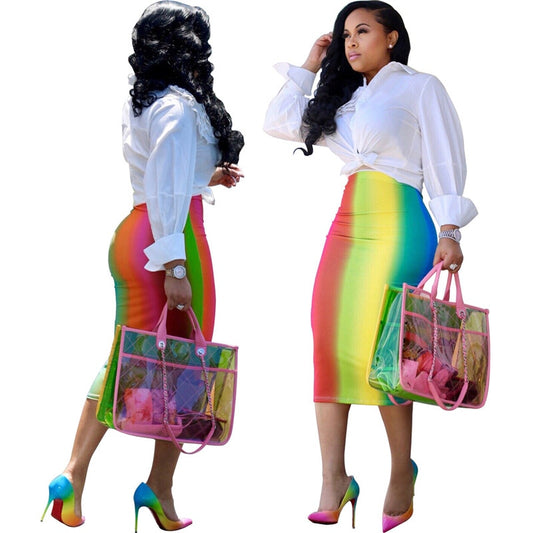 Tie Dye High Waist Stretch Midi Calf Length Skirt