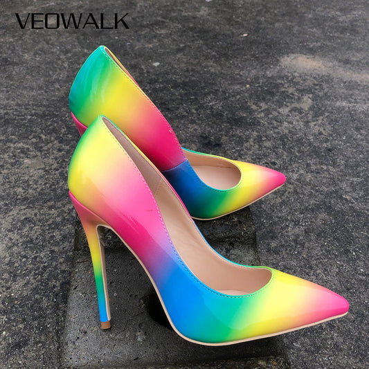 Veowalk Rainbow Colorful Patent Leather Stiletto High Heels